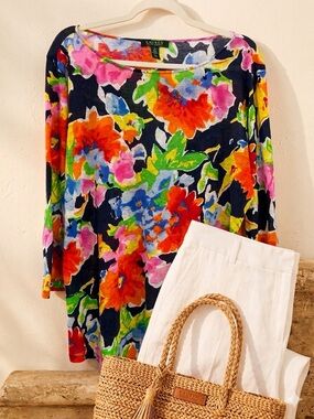 Lauren Ralph Lauren Linen Floral Top Navy Multicolor 3/4 Sleeve Blouse Women 1XL